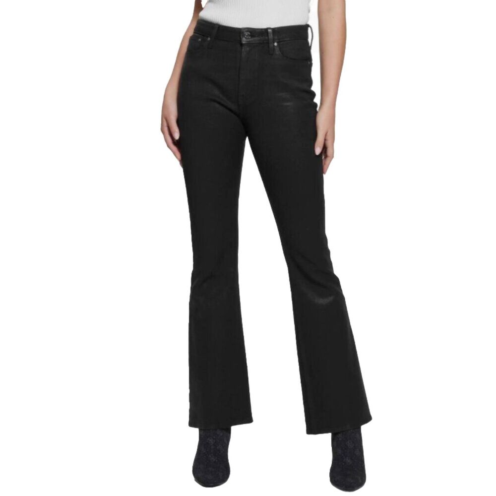 Guess Sexy Coated Flare Jeans Black Size 30x32 High Rise Stretch Denim Edgy